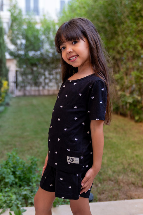 Girls summer pajama set Black Hearts t-shirt + Shorts